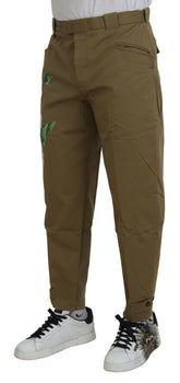 Beige Cotton Stretch Floral Chinos Pants
